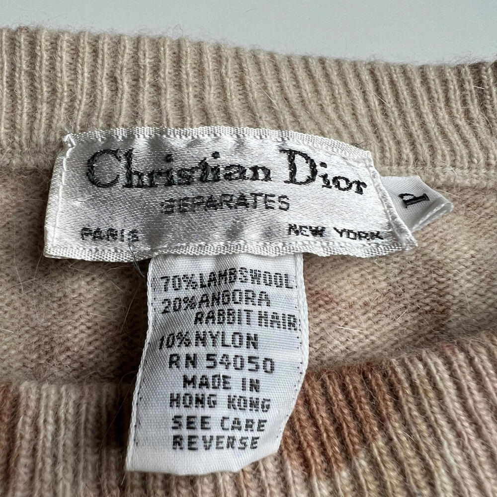 Vintage Christian Dior Womens Knit Sweater Beige Floral Button Angora Wool - Picture 5 of 10